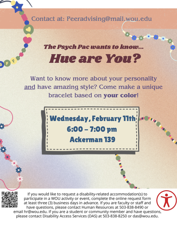 Hue Are You event poster. Text explains that we will be making bracelets based on personality. Event will be on Wednesday, February 11th from 6-7pm at Ackerman 139